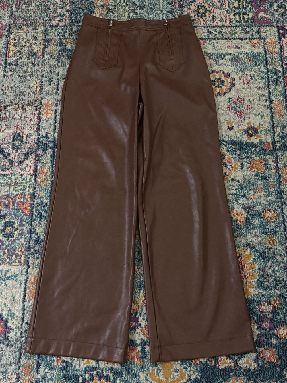 7 For All Mankind Chocolate Brown Faux Leather Wide Leg Pants Size 6